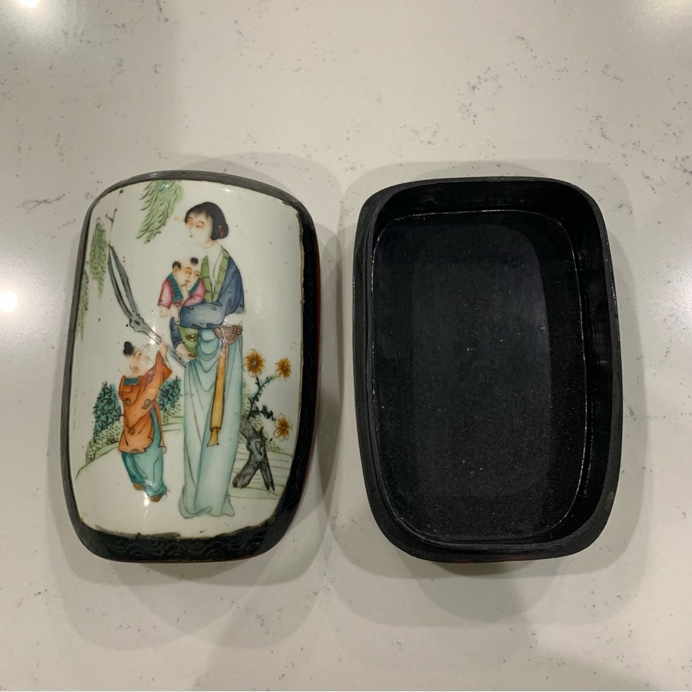 Vintage Antique Chinese Wooden Lacquer with Porcelain Top